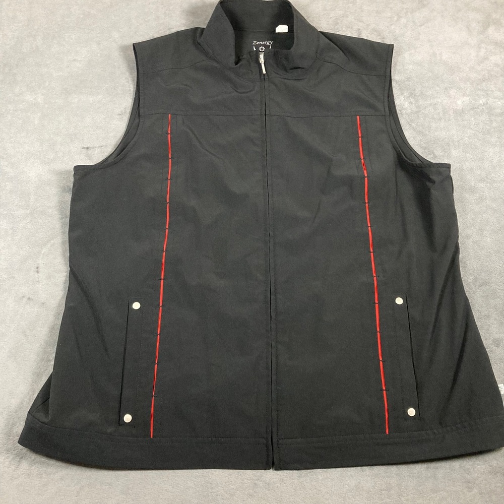 Zenergy by Chicos Black Full Zip Vest Red Stitching Pockets Size 3 XL